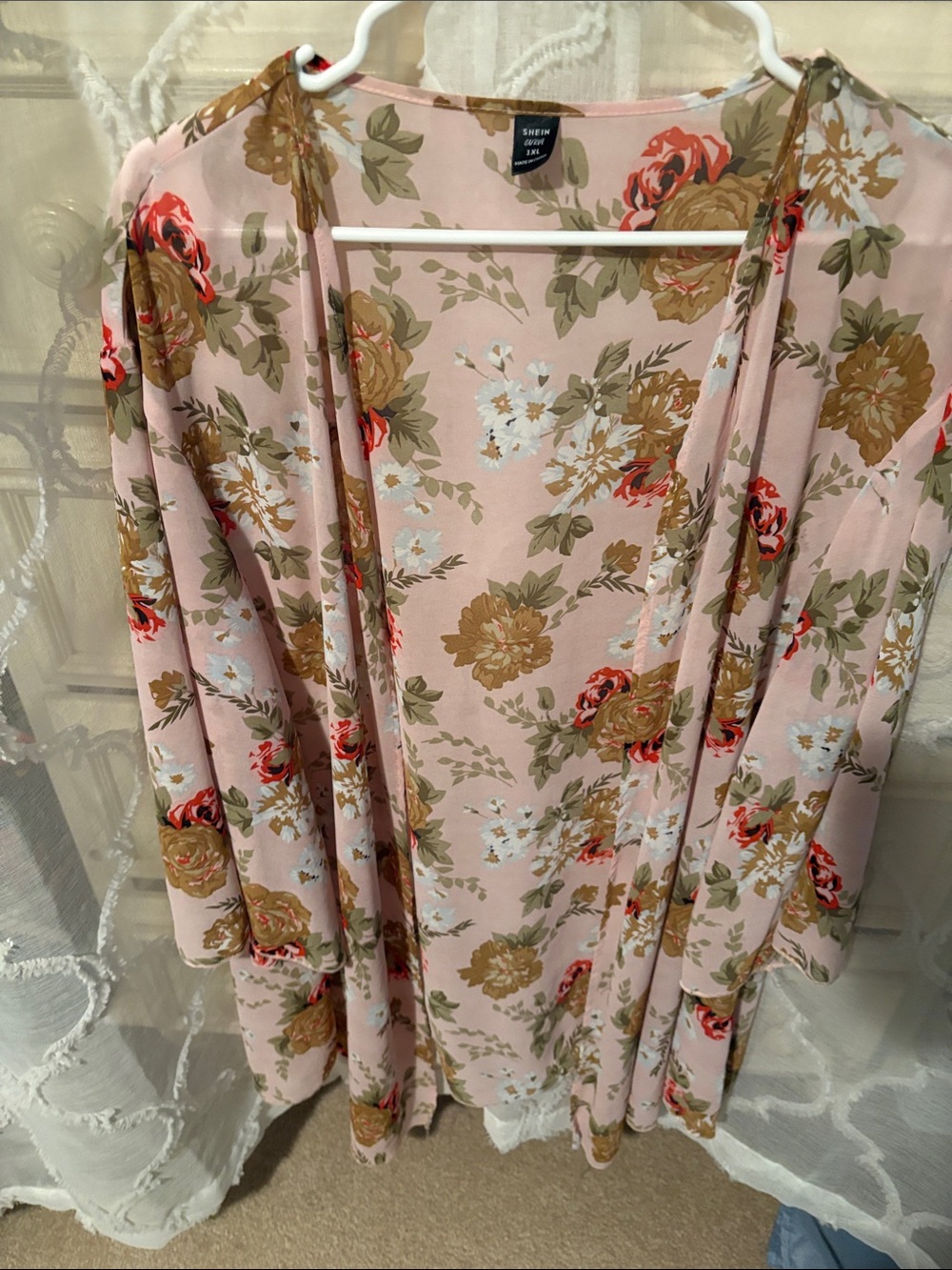 SHEIN Pink Floral Open Front Kimono Cardigan
